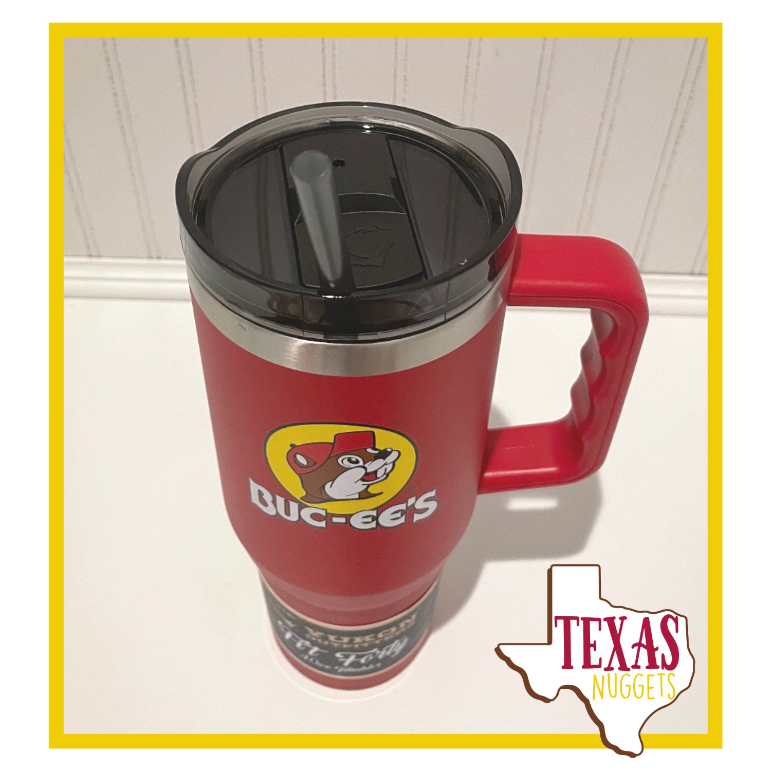 Buc-ees 40 oz Travel Mug Stainless Steel Red Tumbler With Handle And Straw